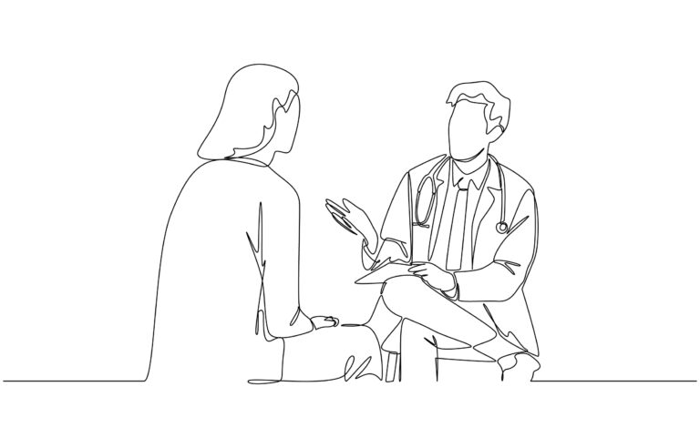 Line-drawing of a patient-doctor consultation